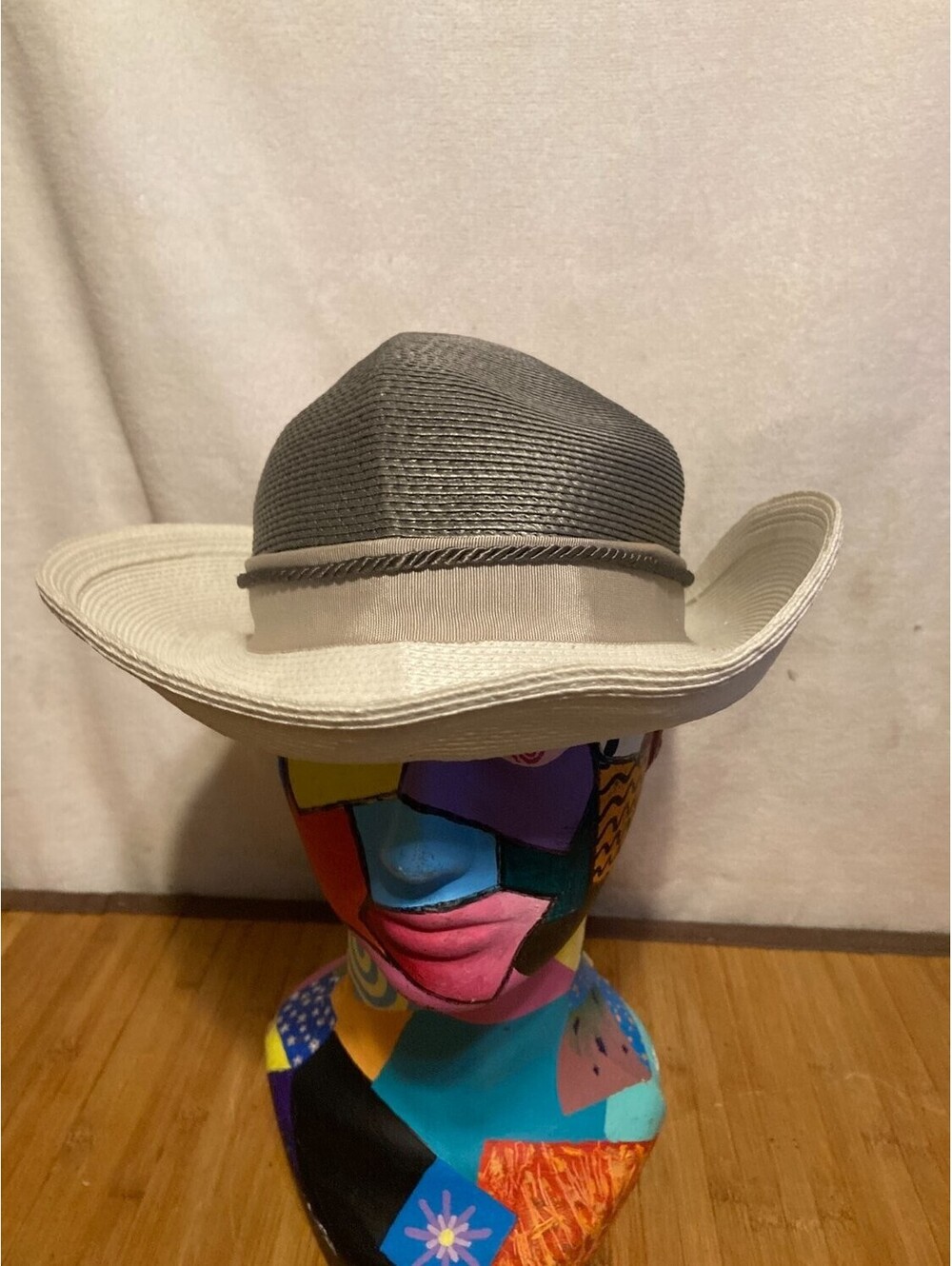 Vintage Sylvia York St Louis Western Sun Hat Gray White Womens 23.5 OS Wide Brim